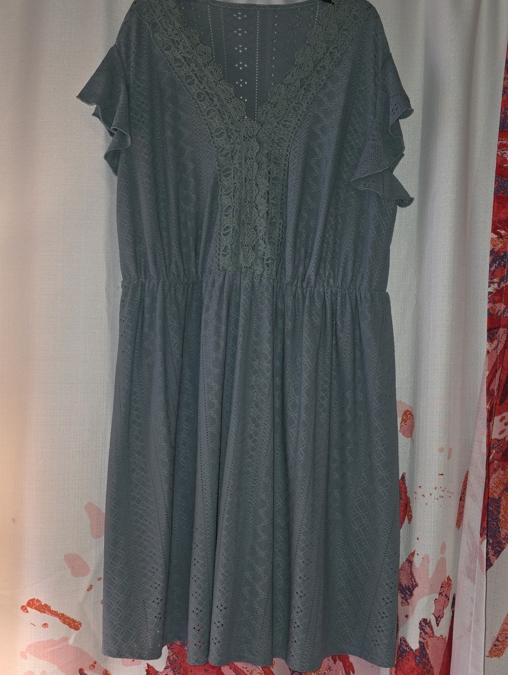 +V‑Neck Eyelet Midi Dress in Dusty Green
